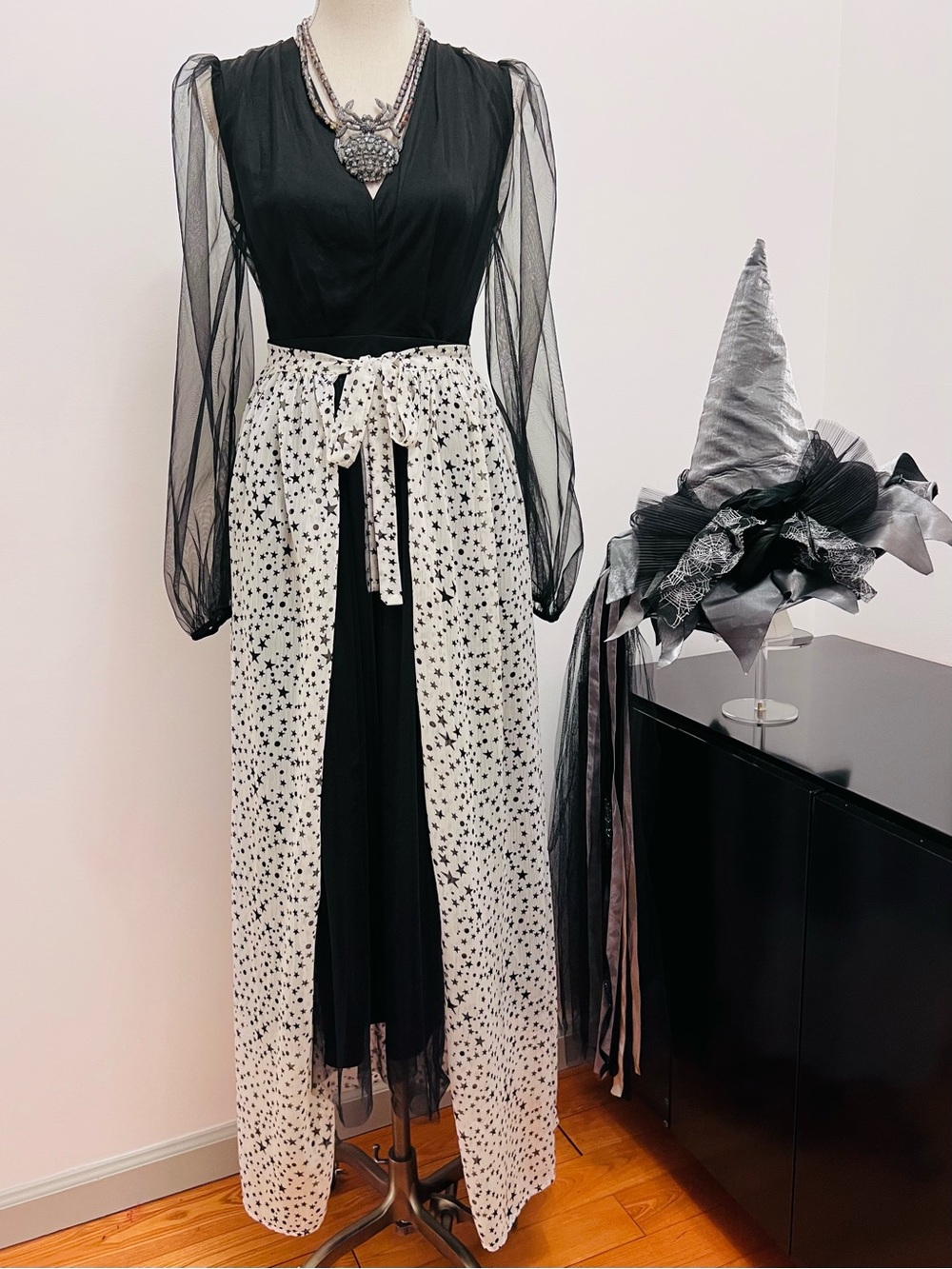 Witchy Woman Sheer Black Halloween Midaxi Dress with Nasty Gal Stars Overskirt